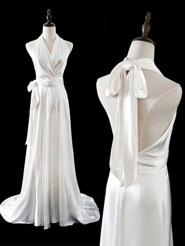 A line Halter Satin White Wedding Dresses Brides Dress SD1966